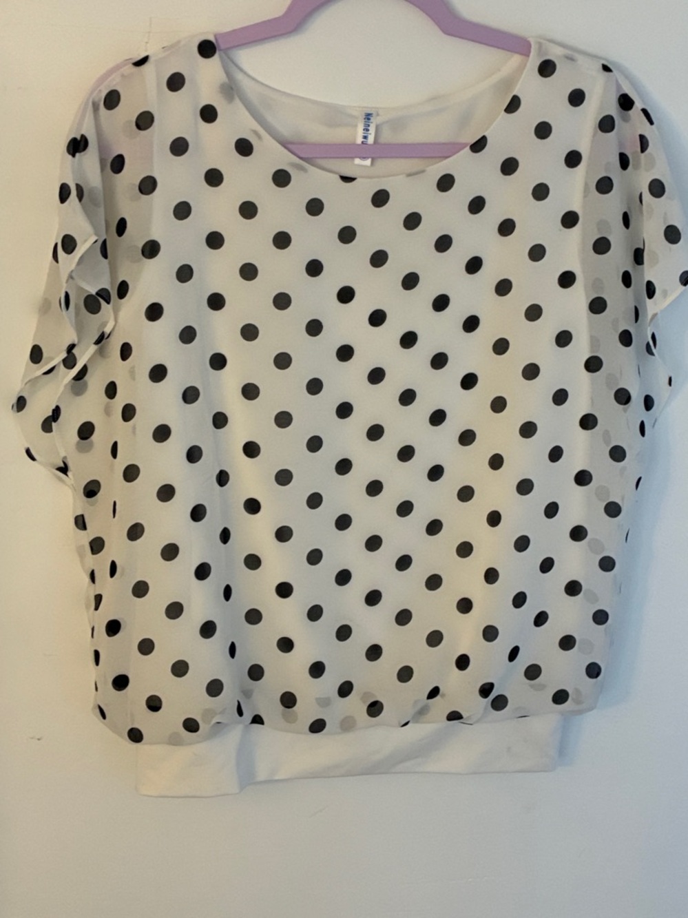 Womens Polka Dot Short Sleeve Lined Flouncy Sleeves  Blouse in White and Black S